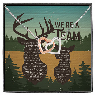 Couple Deer Hunting We're A Team Quote Interlocking Hearts Necklace - Buck Doe Deer Couple Saying Necklace