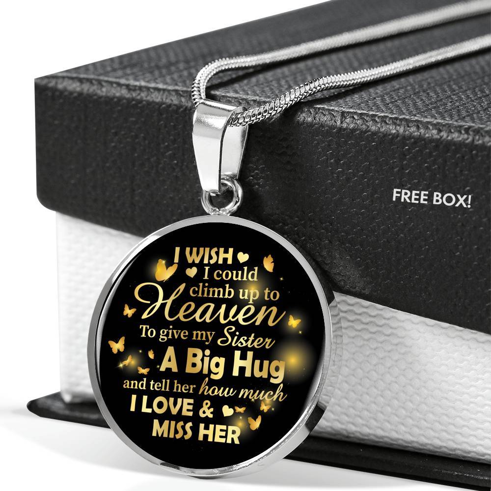I Wish I Could Climb Up To Heaven To Give My Sister A Big Hug and Tell Her I Love Her Circle Pendant Necklace - Circle Luxury Necklace (Silver)