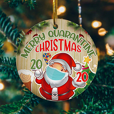 Alternative view of Merry Quarantine Christmas 2020 Funny Santa Claus Wearing Mask Circle Christmas Tree Ornament Keepsake