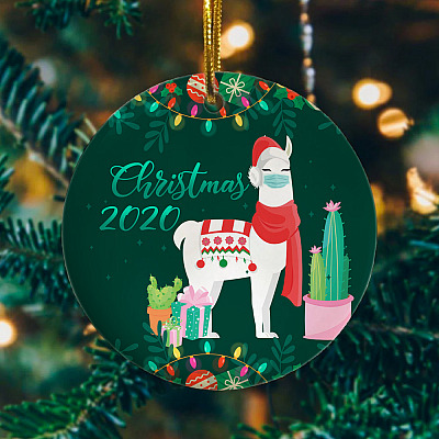 Alternative view of Llama Wearing Mask Christmas 2020 Ornament Keepsake - Holiday Flat Circle Ornament - Holiday Decoration Gift