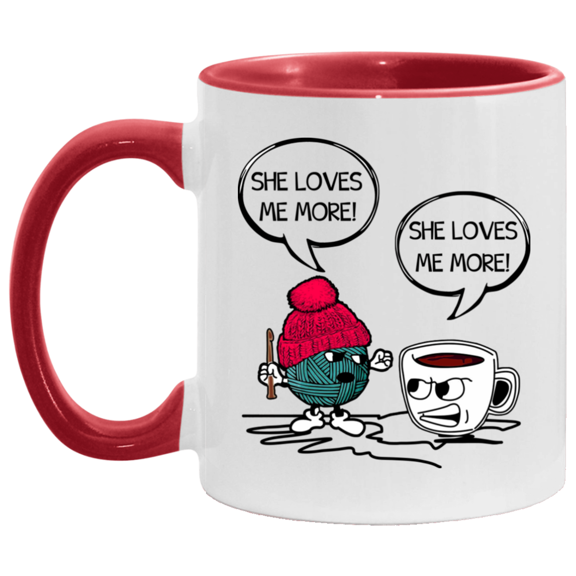 She Loves Me More Sewing Wool Yarn and Coffee Funny Accent Mug, White/Red, 11 oz. Accent Mug