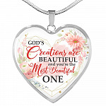 God's Creations Are Beautiful and You're The Most Beautiful One Floral Heart Pendant Necklace - Heart Luxury Necklace (Silver)