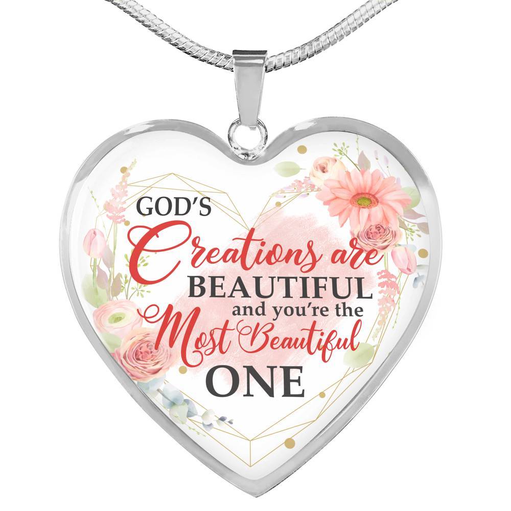 God's Creations Are Beautiful and You're The Most Beautiful One Floral Heart Pendant Necklace - Heart Luxury Necklace (Silver)