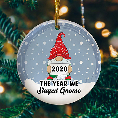 Alternative view of 2020 The Year We Stayed Gnome Funny Pandemic Christmas Gnome Christmas Tree Holiday Flat Circle Ornament