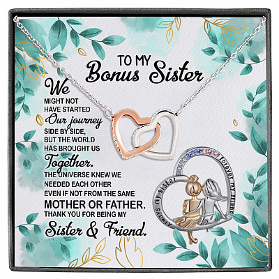 To My Bonus Sister Saying Interlocking Hearts Necklace - Thank You For Being My Sister Friend Quote Necklace