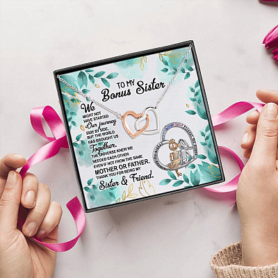 Alternative view of To My Bonus Sister Saying Interlocking Hearts Necklace - Thank You For Being My Sister Friend Quote Necklace