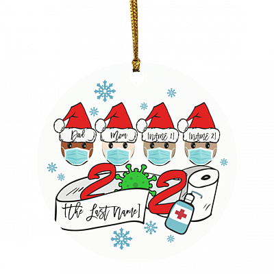 Personalized Family of 4 Quarantine Wearing Mask Christmas Flat Holiday Circle Ornament, White, Circle Ornament