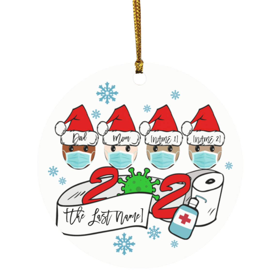 Personalized Family of 4 Quarantine Wearing Mask Christmas Flat Holiday Circle Ornament, White, Circle Ornament