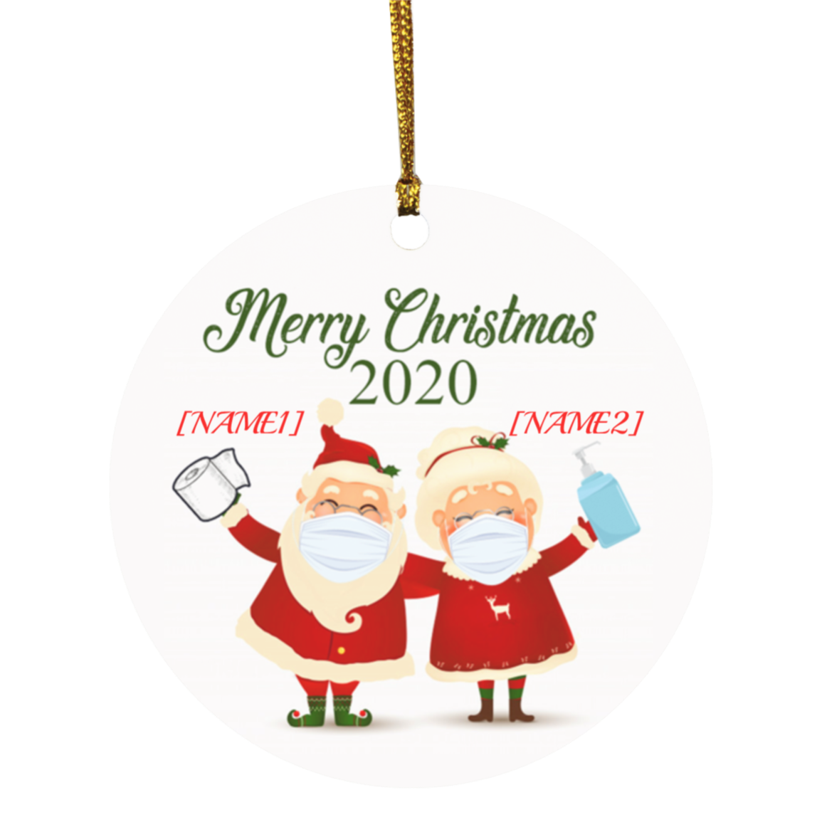 Personalized Santa And Mrs Claus Funny Santa Wearing Mask Christmas Flat Holiday Heart Ornament, White, Circle Ornament