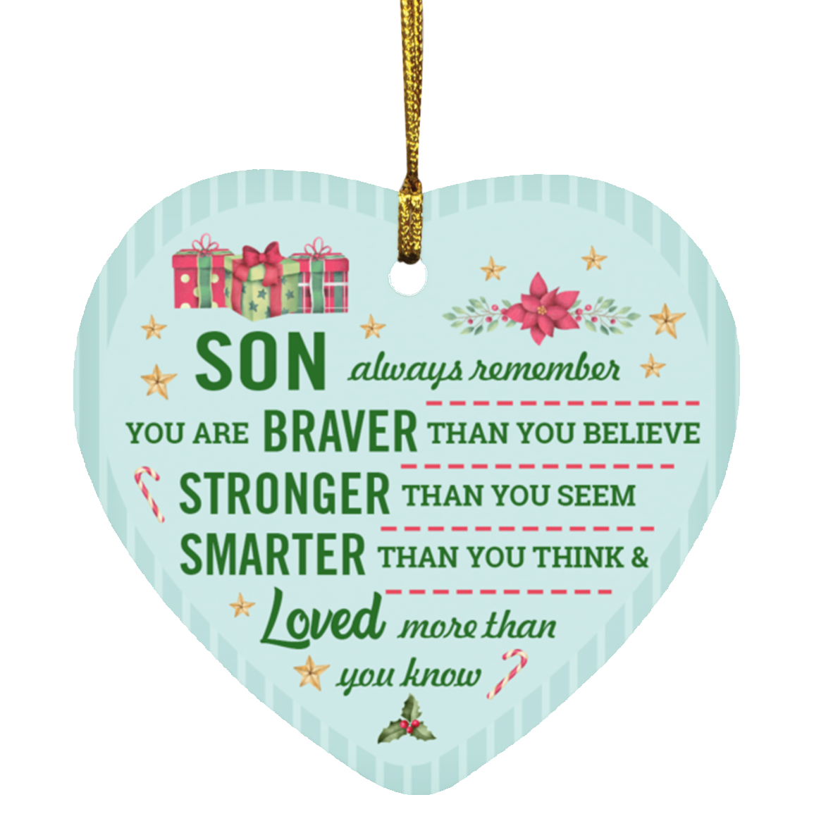 Remember You Are Braver Stronger Smarter Son Christmas Flat Holiday Heart Ornament, White, SUBORNH Heart Ornament