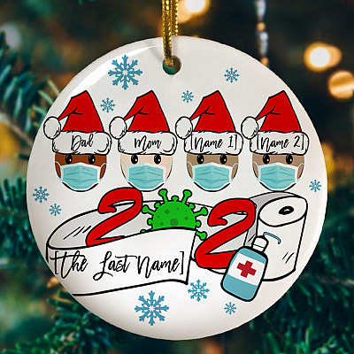 Alternative view of Personalized Family of 4 Quarantine Wearing Mask Christmas Flat Holiday Circle Ornament