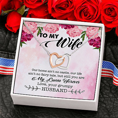 Alternative view of Our Home Ain't No Castle But Still You're My Queen Forever Love Your Husband Interlocking Hearts Pendant Necklace