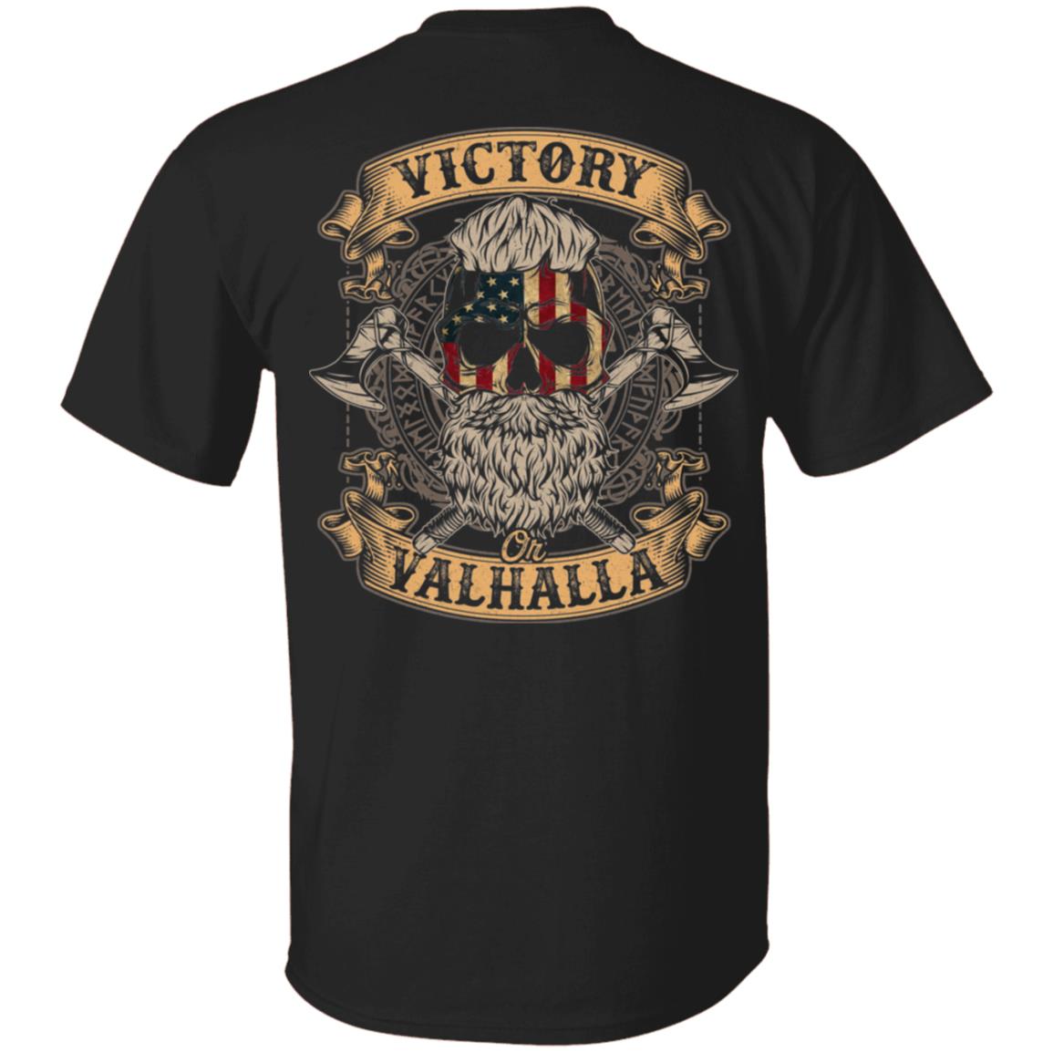 Victory Or Valhalla Shirt - Norse Viking T Shirt - Skull American Flag Shirt - Print On Back T-Shirt, Black, Unisex T-Shirt
