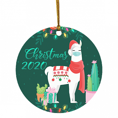 Llama Wearing Mask Christmas 2020 Ornament Keepsake - Holiday Flat Circle Ornament - Holiday Decoration Gift, White, Circle Ornament