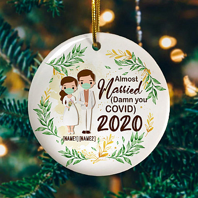 Alternative view of Personalized Almost Married Bride And Groom 2020 Decorative Christmas Ornament - Holiday Flat Circle Ornament