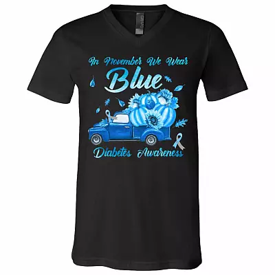 In November We Wear Blue Truck Diabetes Awareness T-Shirt - V-Neck - Diabetes Awareness November Gifts, Black, V-Neck T-Shirt