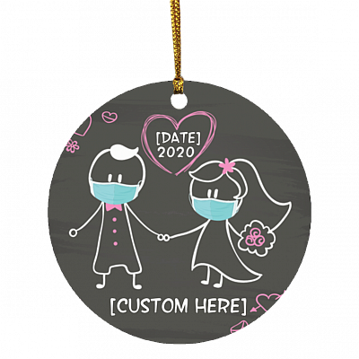 Personalized Bride And Groom Wedding Newlywed Couple With Mask During Quarantine Circle Christmas Ornament, White, Circle Ornament