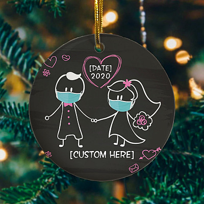 Alternative view of Personalized Bride And Groom Wedding Newlywed Couple With Mask During Quarantine Circle Christmas Ornament