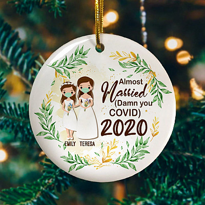 Alternative view of Personalized Almost Married Lesbian Couple 2020 Decorative Christmas Ornament - Holiday Flat Circle Ornament