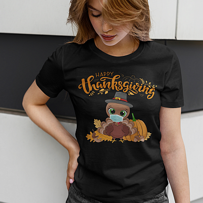 Alternative view of Happy Thanksgiving T-Shirt - Turkey Wearing Face Mask T-Shirt