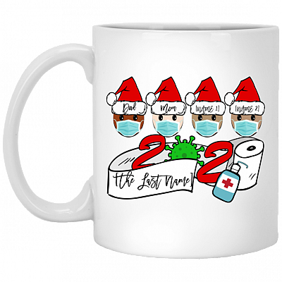 Personalized Family of 4 Quarantine Wearing Mask Christmas Flat Holiday Circle Ornament, White, 11 oz. White Mug