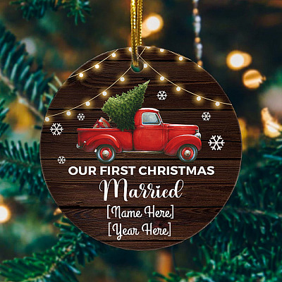 Alternative view of Personalized Our First Christmas Married 2020 Decorative Christmas Ornament - Holiday Flat Circle Ornament