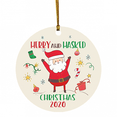Merry And Masked Christmas 2020 Funny Santa Claus Wearing Mask Circle Christmas Ornament Keepsake, White, Circle Ornament