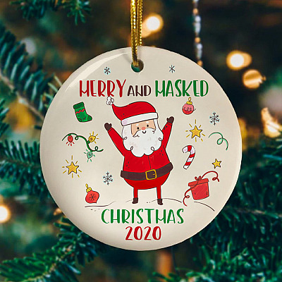 Alternative view of Merry And Masked Christmas 2020 Funny Santa Claus Wearing Mask Circle Christmas Ornament Keepsake