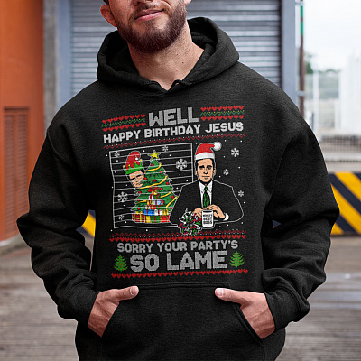 Alternative view of Michael Scott Well Happy Birthday Jesus Sorry Your Party's So Lame Ugly Christmas Sweater Hoodie - Sweatshirt