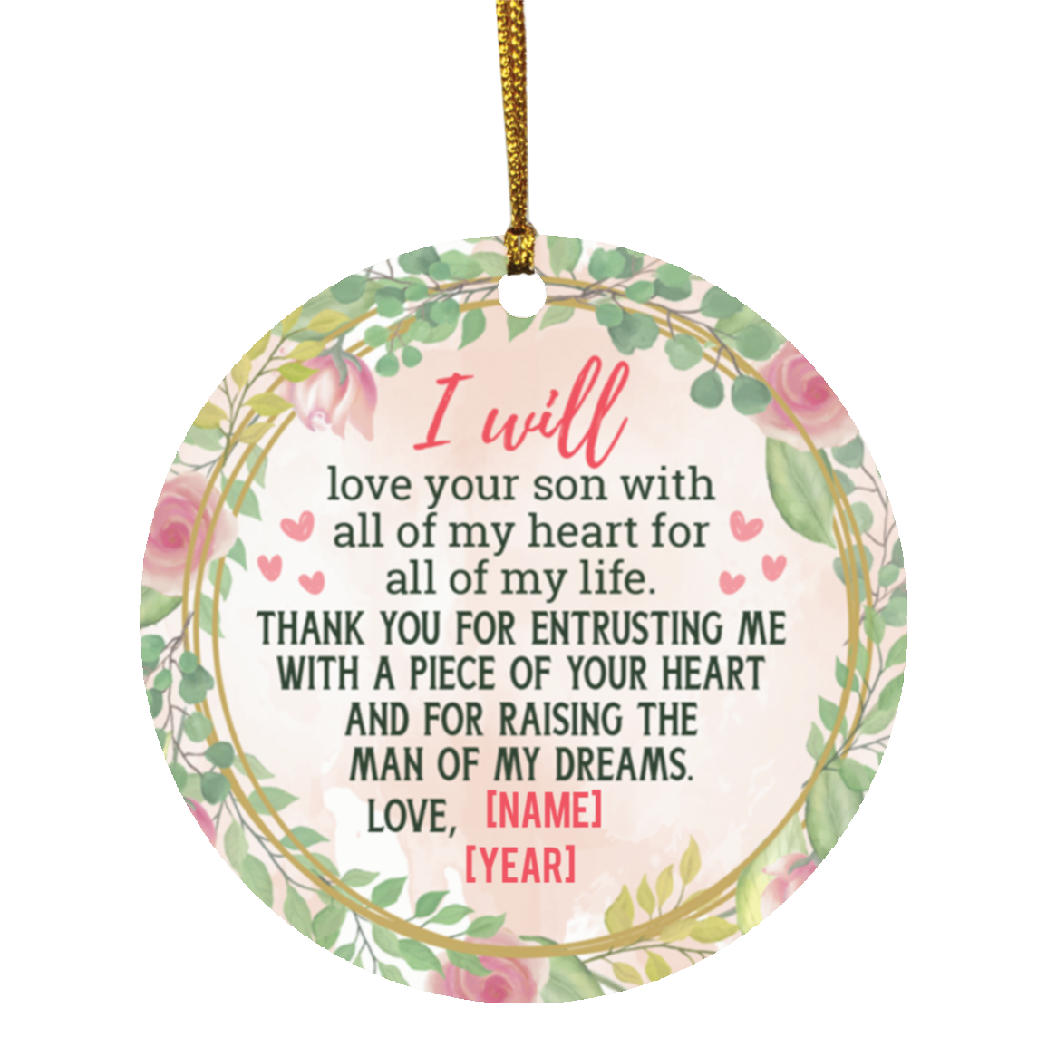Personalized Christmas Ornament for Mother of Groom Mother in Law Gift Flat Holiday Circle Ornament Keepsake, White, Circle Ornament