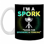 I'm A Spork Good For Spooning And Forking Ceramic Coffee Mug - Beer Stein - Funny Spork Water Bottle, Black, 11 oz. White Mug