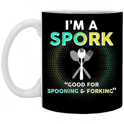 I'm A Spork Good For Spooning And Forking Ceramic Coffee Mug - Beer Stein - Funny Spork Water Bottle, Black, 11 oz. White Mug