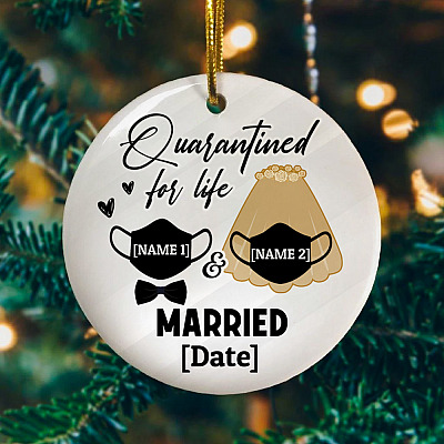 Alternative view of Personalized Quarantined For Life Married Masked Christmas Circle Ornament - Holiday Pandemic Wedding Gift