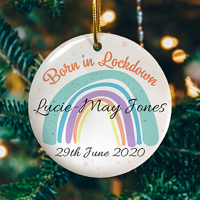 Alternative view of Personalized Born In Lockdown 2020 Rainbow Christmas Ornament Keepsake - Holiday Flat Circle Ornament