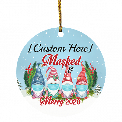 Personalized 4 Gnomes Family Masked And Merry 2020 Circle Christmas Tree Ornament Keepsake, White, Circle Ornament