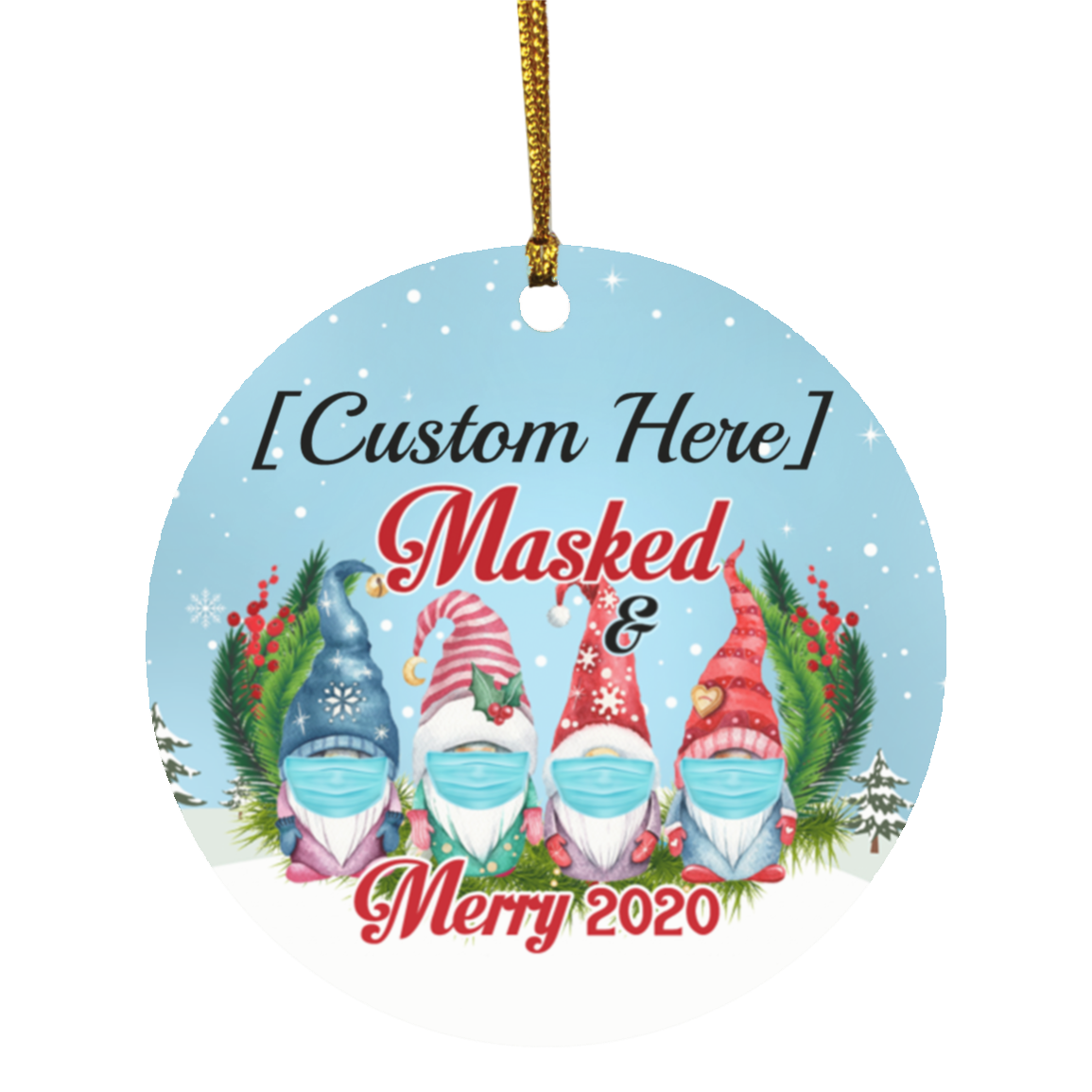 Personalized 4 Gnomes Family Masked And Merry 2020 Circle Christmas Tree Ornament Keepsake, White, Circle Ornament