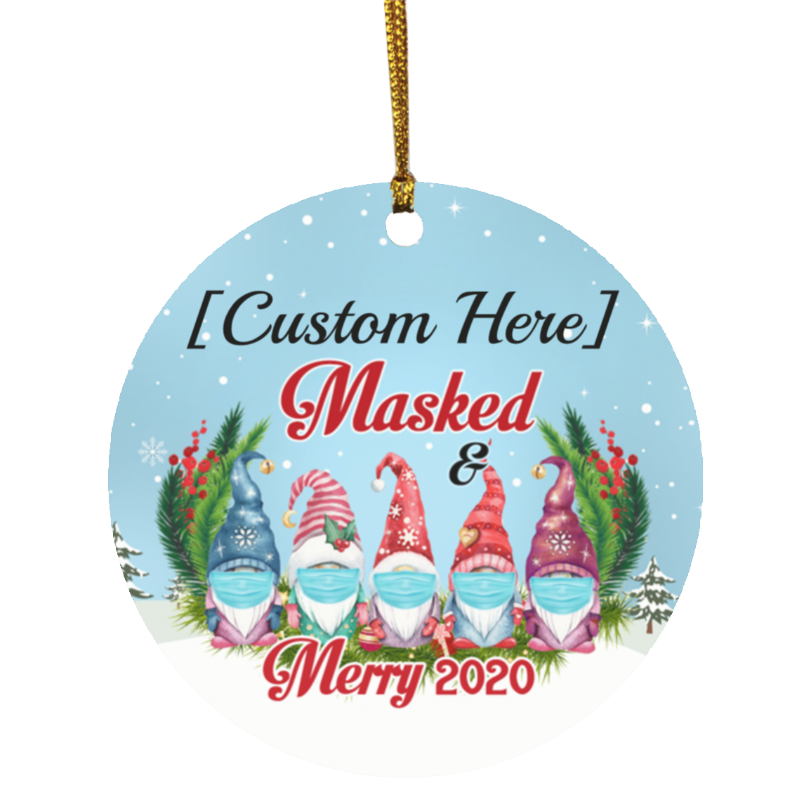 Personalized 5 Gnomes Family Masked And Merry 2020 Circle Christmas Tree Ornament Keepsake, White, Circle Ornament