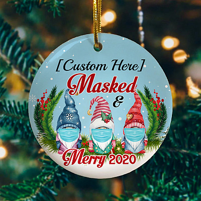 Alternative view of Personalized 3 Gnomes Family Masked And Merry 2020 Circle Christmas Tree Ornament Keepsake