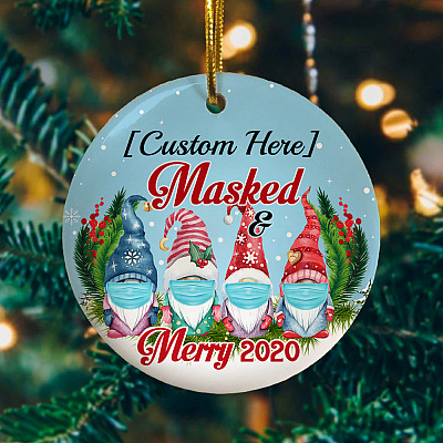 Alternative view of Personalized 4 Gnomes Family Masked And Merry 2020 Circle Christmas Tree Ornament Keepsake