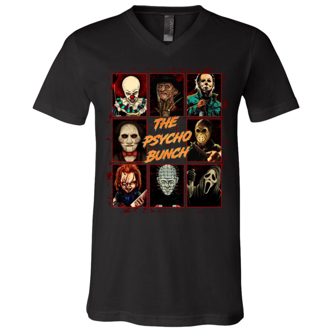 Psycho Bunch Horror Movie Characters T-Shirt - V-Neck Tee, Black, V-Neck T-Shirt