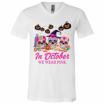 In October We Wear Pink Breast Cancer Awearness Skull T-Shirt - V-Neck Tee, White, V-Neck T-Shirt