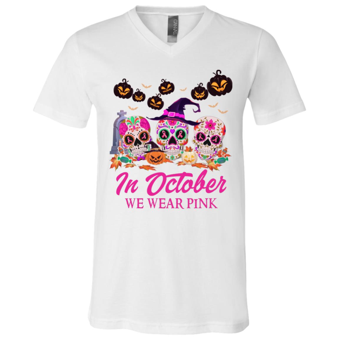 In October We Wear Pink Breast Cancer Awearness Skull T-Shirt - V-Neck Tee, White, V-Neck T-Shirt