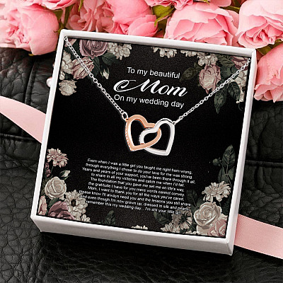 To My Beautiful Mom On My Wedding Day From When I Was A Little Girl Joined Interlocking Hearts Pendant Necklace
