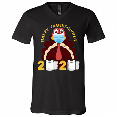 Happy Thanksgiving 2020 Turkey Face Mask Funny Quarantine Gift T-Shirt - V-Neck, Black, V-Neck T-Shirt