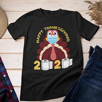 Alternative view of Happy Thanksgiving 2020 Turkey Face Mask Funny Quarantine Gift T-Shirt - V-Neck