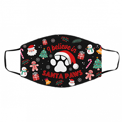 I Believe In Santa Paw Christmas Washable Reusable Custom Printed Cloth Face Mask Cover, Black, Cloth Face Cover – Medium/Large
