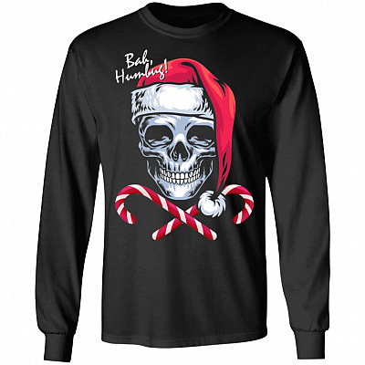 Skull Bah Humbug Funny Santa Christmas Ugly Christmas Sweater Long Sleeve, Black, Long Sleeve