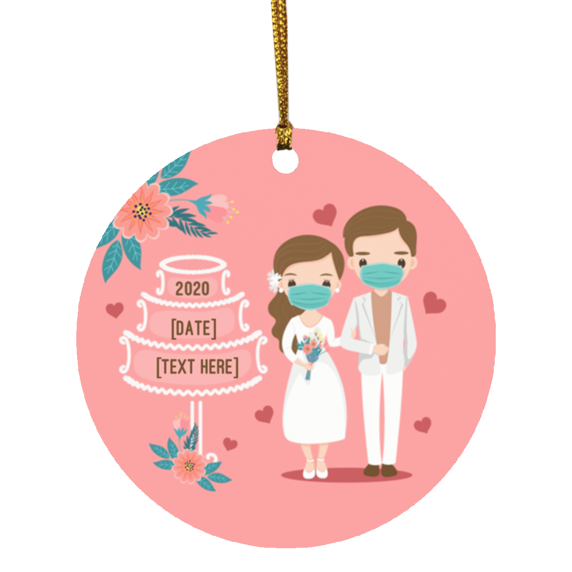 Personalized Bride And Groom Married During Quarantine Wedding Newlywed Couple With Mask Circle Christmas Ornament, White, Circle Ornament
