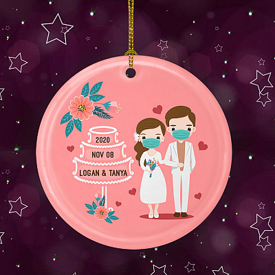 Alternative view of Personalized Bride And Groom Married During Quarantine Wedding Newlywed Couple With Mask Circle Christmas Ornament