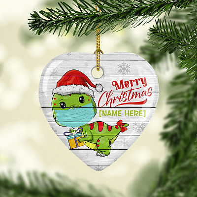Alternative view of Personalized Cute Dinosaur Wearing Mask And Santa Hat Merry Christmas Heart Christmas Tree Ornament Keepsake